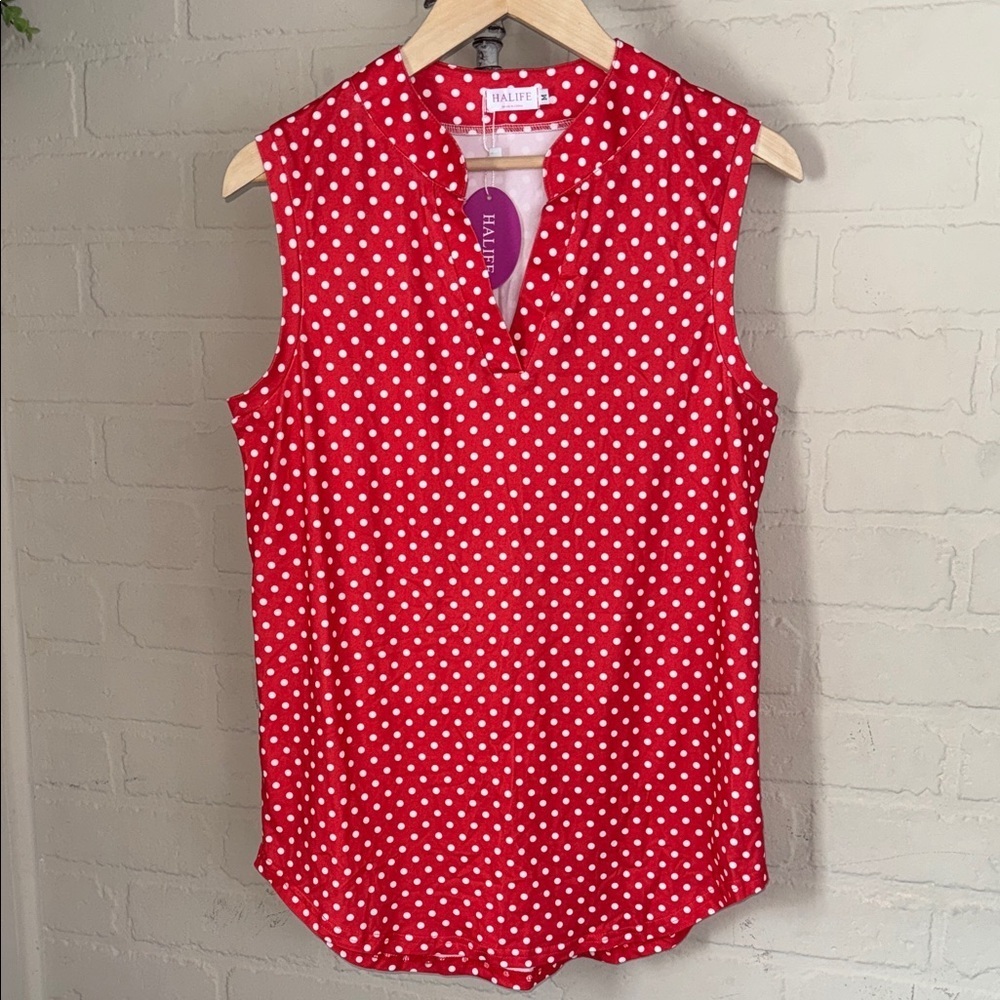 Polka dot shirt blouse super soft medium sleeveless Halife v neck NEW